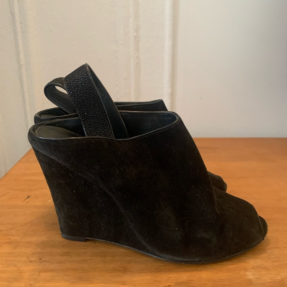 Rebecca Minkoff Women’s Black Suede Sling Back Peep Toe Wedge - Size 8